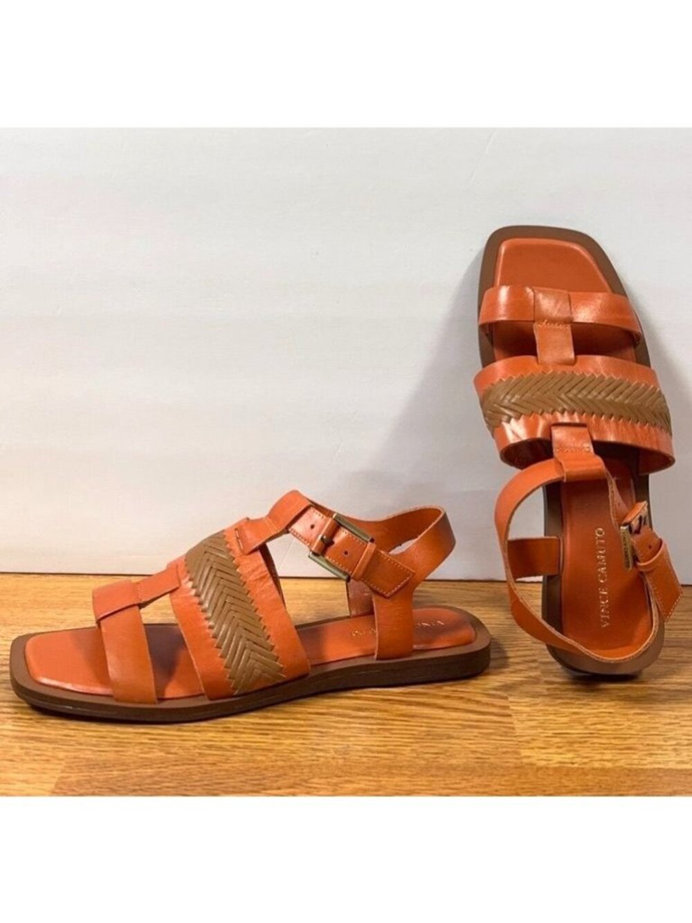 Vince Camuto Bachelen Sandals 8M Orange Leather Woven Square Toe Ankle Strap